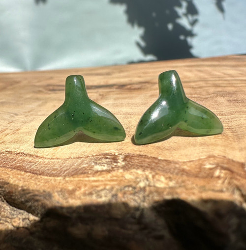 Natural Jade Whale Tail Stud Earrings, 15mm Sterling Silver