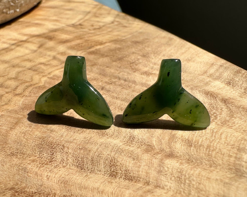 Natural Jade Whale Tail Stud Earrings, 15mm Sterling Silver