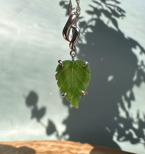 Natural Canadian Nephrite Jade Leaf Pendant 35mm Sterling Silver