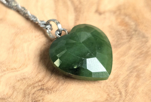 Natural Canadian Nephrite Jade Faceted Heart Pendant, 16mm
