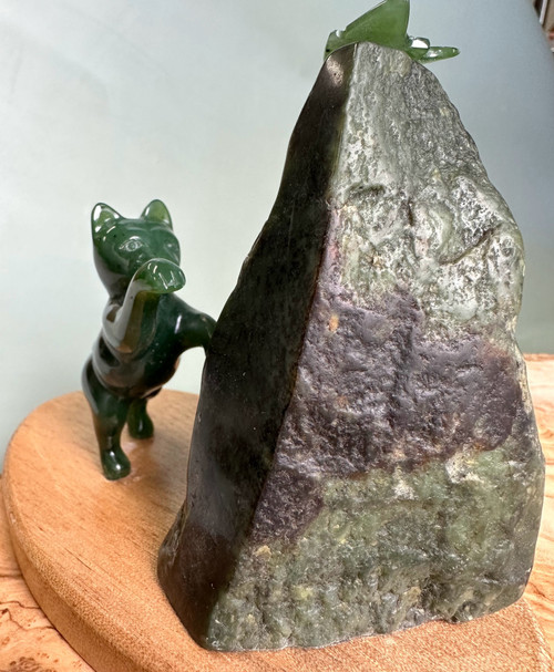 Natural Cat Pawing at Jade Butterfly Figurine 2.5"