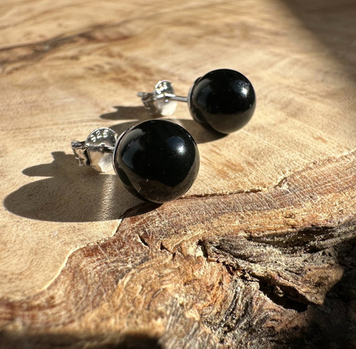 Natural Earrings Black Jade 8mm Sterling Silver