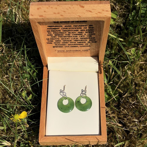 Natural Nephrite Jade Pi Donut Drop Earrings 15mm Sterling Silver