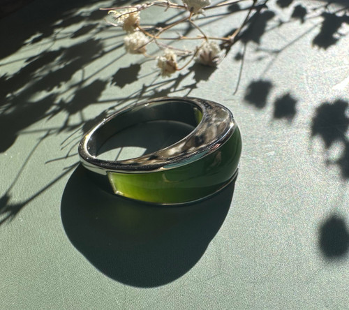 Natural Canadian Nephrite Jade Inlay Ring Wide Sterling Silver Band