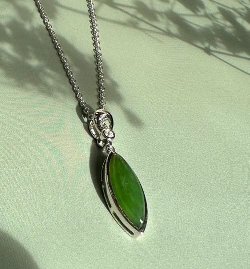 Natural Canadian Nephrite Jade Pendant with CZ 18x6mm