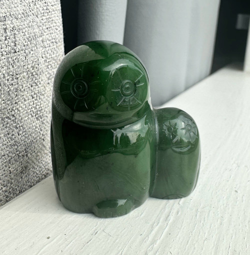 Natural Canadian Nephrite Jade Owl and Owlet Figurine 1.9"