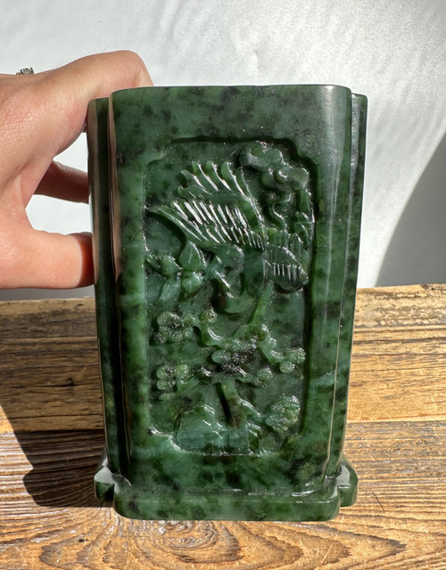 Natural River Nephrite Jade Vase-Pen Holder, 4.9"