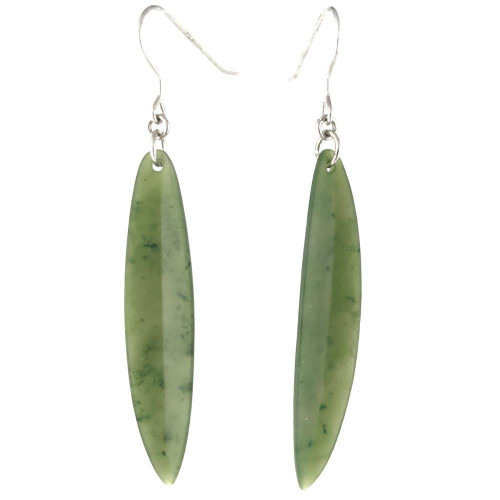 Natural Nephrite Jade Long Leaf Earrings, 9x54mm Sterling Silver