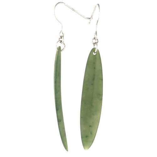 Natural Nephrite Jade Long Leaf Earrings, 9x54mm Sterling Silver