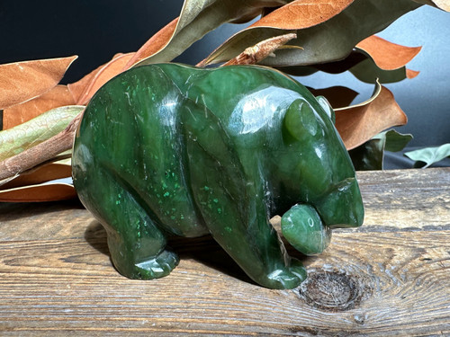 Natural Bear with Jade Fish, 4" Figurine