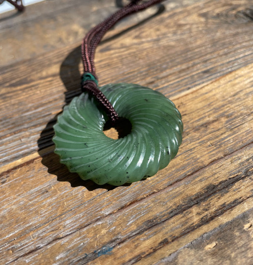 Natural Nephrite Jade Pendant, Round Twist 49mm
