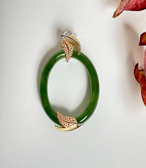 Natural Nephrite Jade Oval Pendant with Leaf accents, 35mm