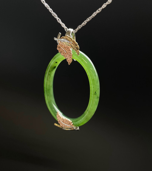 Natural Nephrite Jade Oval Pendant with Leaf accents, 35mm