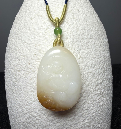 Natural White Nephrite Jade Happy Buddha Pendant 30mm