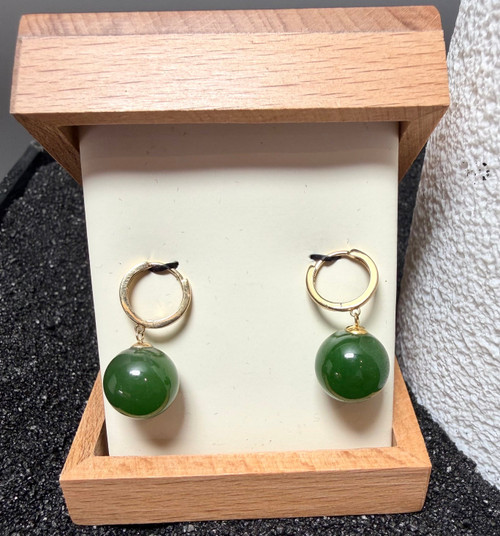 Natural Nephrite Jade 18K Siberian Hoop Earrings, 12mm