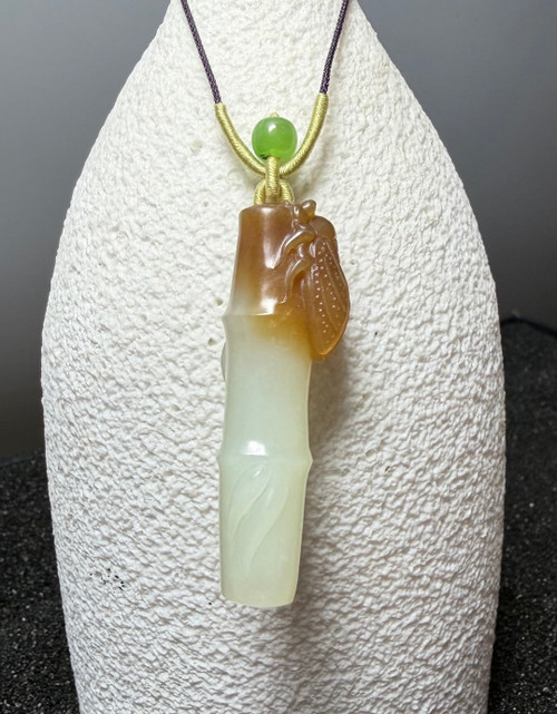 Natural Nephrite Jade Cicada On Bamboo Pendant, Only 1 50mm