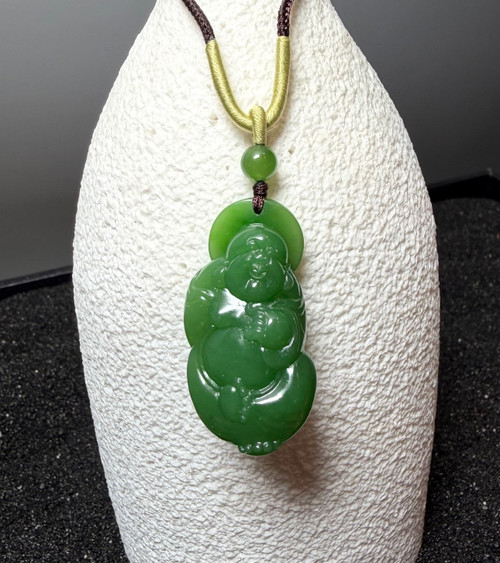 Natural Nephrite Jade Siberian Happy Buddha Pendant, 40mm