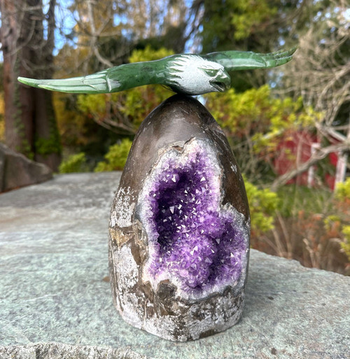Natural Jade Eagle on Amethyst Base - 9.25" Tall Figurine