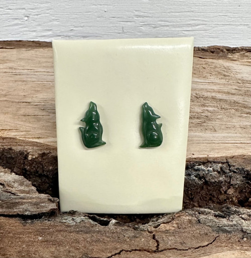 Natural Nephrite Jade Wolf Stud Earrings 17mm Sterling Silver