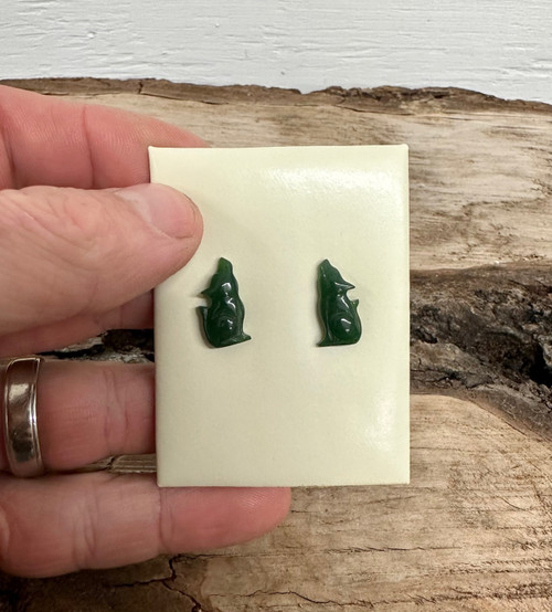 Natural Nephrite Jade Wolf Stud Earrings 17mm Sterling Silver