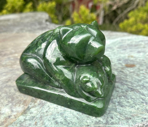 Natural Nephrite Jade Bear with Cub - 1 Figurine 5.25"