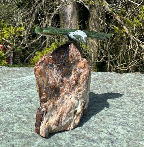 Natural Jade 4" Eagle on Petrified Wood Base Figurine