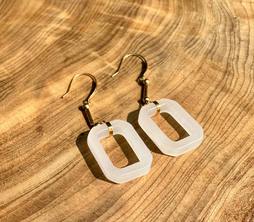 Natural 18K White Nephrite Jade Earrings - Rectangle 15.5mm