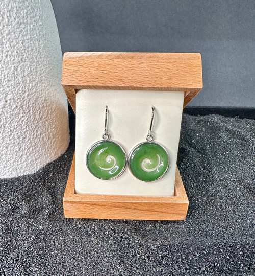 Natural Nephrite Jade and Silver Koru Earrings 18mm