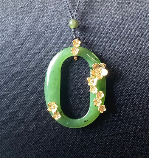 Natural Oval Nephrite Jade Pendant with Gold-Plated Sterling Silver Leaves - 2 40mm