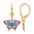 14K Yellow Gold with Blue and Red Enameled Wings Butterfly Dangle Leverback Drop Earrings, 26.45 mm
