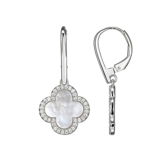 Charles Garnier sterling silver mother-of-pearl and cubic zirconia clover drop earrings
