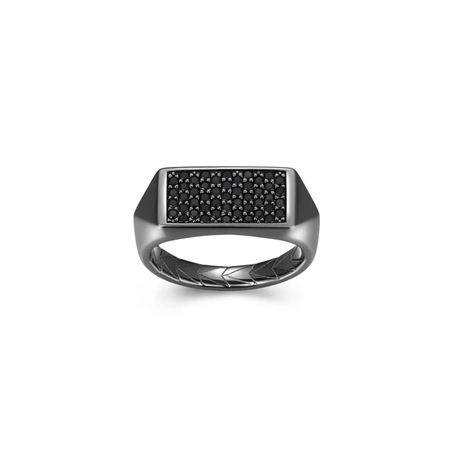ETHOS gunmetal-finish sterling silver signet ring with lab-created black sapphire