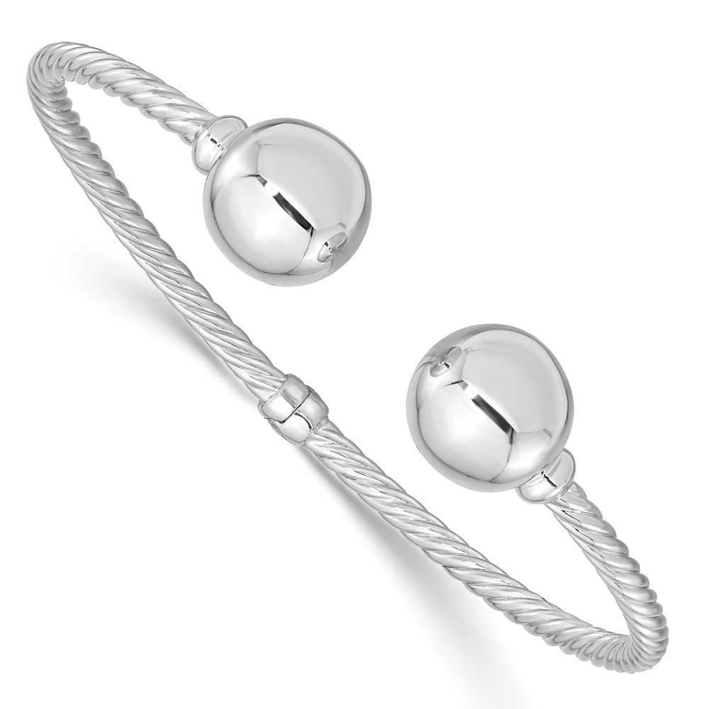 Sterling Silver Rhodium-Plated Twist Beaded End Hinged Cuff