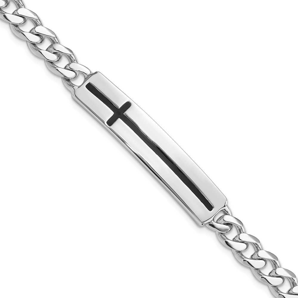 Sterling Silver Enameled Cross on Bar Mens 8in Bracelet at
