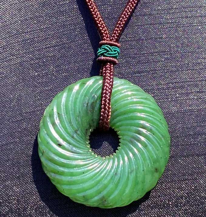 48mm Genuine Natural Nephrite Jade Spiral Donut Pendant on Cord