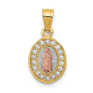 14k Two-tone Gold w/White Rhodium Oval CZ Lady of Guadalupe Pendant ...