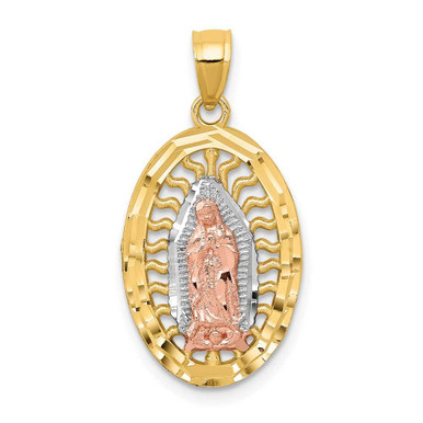 14k Two-tone Gold w/White Rhodium Oval CZ Lady of Guadalupe Pendant ...