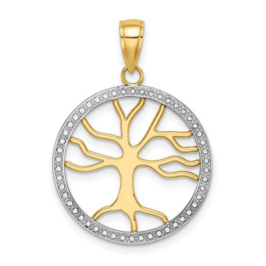 14K Yellow Gold and Rhodium 3-D Large Tree Of Life Round Frame Pendant ...