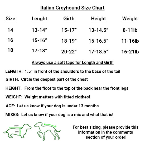Italian Greyhound sizing chart showing how to measure length and chest girth