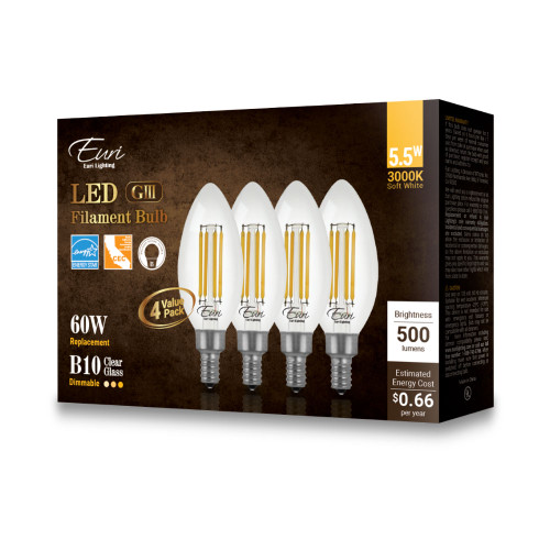 Euri Lighting VB10-3000cec-4 B10 Omni-directional LED Light Bulb Dimmable Clear Glass 4 Pack