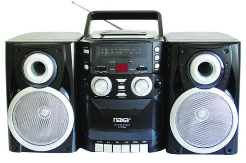 Naxa NPB-426 Portable CD Player with AM/FM Stereo Radio Cassette Player /Recorder 
 
Features
* Top Loading CD Player

* AM/FM Stereo Radio Cassette Player/Recorder

* Twin Detachable Speakers

* LCD Display

* Auto-stop Cassette Mechanism

* Bass Boost System

* Aux input Jack

* 110/220V Dual Voltage Operation

* 2 Way Power: DC Battery Power & AC Power