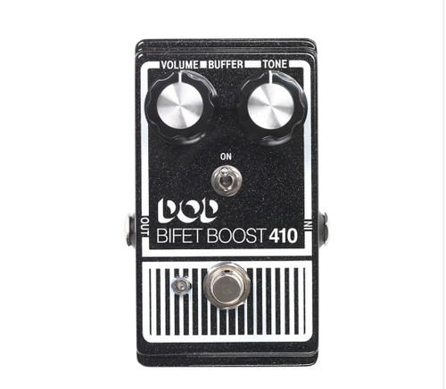 Loud and clear. The DOD Bifet Boost 410 has the tone and volume to boost your solos into orbit. New for the DOD Bifet Boost 410, is a selectable Buffer On/Off toggle switch. This switch gives the Bifet Boost the flexibility to be used anywhere in your FX chain. Use it first inthe chain with the buffer off so th the buffer won’t affect fuzz pedals, or put it last in the chain with the buffer on to counter the signal loss of today’s larger packed pedalboards. True bypass allows your guitar tone to remain pristine even when the DOD 410 is old! This is a big difference from the original which would color your bypassed tone. The modern 9V DC power supply input make the pedal more pedalboard friendly.