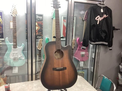 A beautiful high quality and affordable guitar, here are the specs listed from the manufacturers website

CONSTRUCTION - Dovetail Neck Joint
CUTAWAY - Venetian
BODY - Dreadnought
NUT WIDTH - 1 11/16" (43?)
TOP - Solid Mahogany
BACK & SIDES - Solid Mahogany
NECK - Mahogany
BINDING - Black
FRETBOARD - Ovangkol
FRETS - 20
SCALE - 25.3" (643?)
INLAY - White Dot
TUNERS - Die-Cast w/ Black Knobs
ROSETTE - ABS Black
BRIDGE - Ovangkol
PICKUPS - Fishman Sonicore
ELECTRONICS - Fishman Sonitone
STRINGS - D'Addario EXP16 Light
BRACING - Hand Scalloped X-Bracing
SPECIAL - Genuine Bone Nut & Saddle
ADDITIONAL - Deluxe Soft-Side Case Included