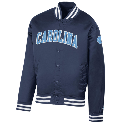 Online Exclusive UNC Striped-Trim Satin Varsity Jacket (Navy)