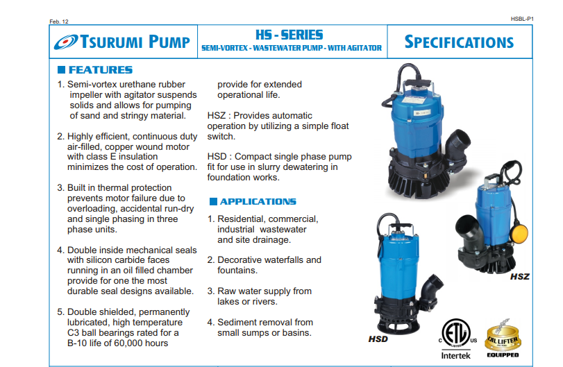 Tsurumi HS2.4S Manual Electric Submersible Pond Pump