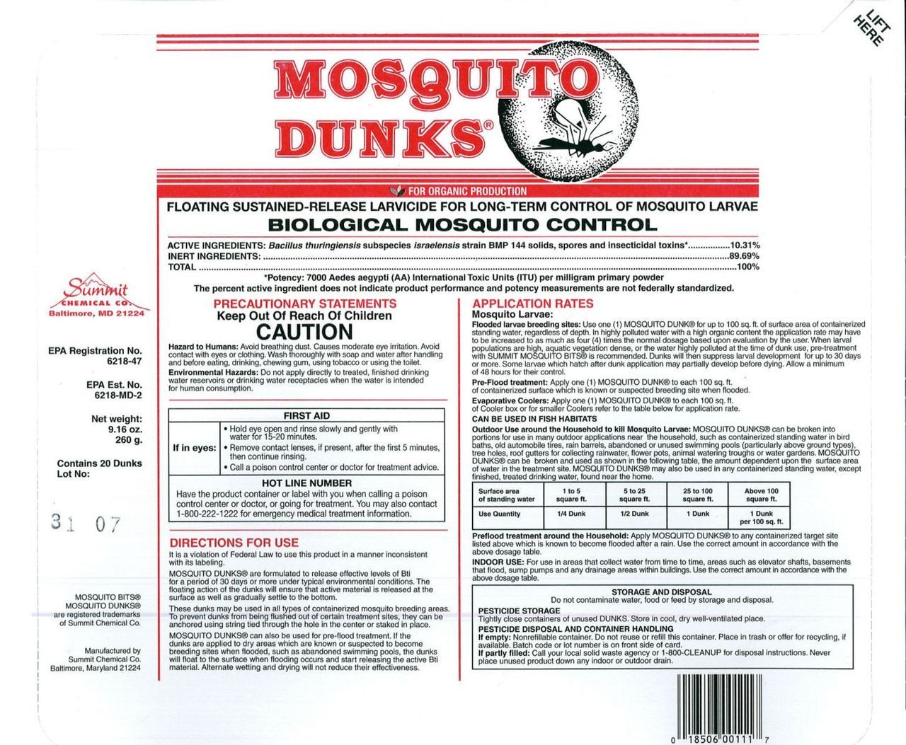 Summit Mosquito Dunks 20 Pack 1115 Organic Biological Mosquito Control