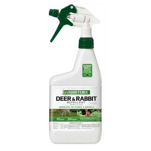            

            Liquid Fence Deer & Rabbit Repellent Concentrate repels deer and rabbits before they feed! This concentrated liquid formula repels deer and rabbits from landscaped ornamental gardens, flowers, shrubs, trees and vines. The repellent works on scent, so deer and rabbits don’t have to take a bite to be repelled. It is harmless to plants and animals when used and stored as directed, and can be applied year-round. The formula is long-lasting and rain resistant. Animals’ natural aversion to this scent will never diminish – this product does not have to be rotated with other repellent brands. Reapply once a week for 3 weeks, then approximately once a month thereafter. Reapplication is recommended after excessive rainfall.

Liquid Fence Deer & Rabbit Repellent Concentrate

    REPELS DEER AND RABBITS: Deer and rabbits don’t have to eat vegetation for the repellent to be effective—they have a natural aversion to the scent
    SPRAY ON PLANTS: Use to treat landscaped ornamental gardens, flowers, shrubs, trees and vines
    LONG-LASTING, RAIN-RESISTANT: Concentrated liquid formula starts to work immediately
    SAFE: Harmless to plants and animals when used and stored as directed
    APPLY YEAR-ROUND: No need to rotate with other repellent brands – animals’ natural aversion to Liquid Fence Deer & Rabbit Repellent will never diminish.