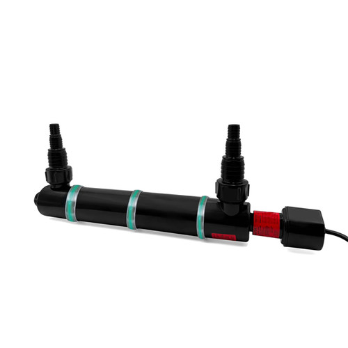 Pondmaster UV Clarifiers can be used either fully submerged or out of the water. Featuring a glowing Halo Ring that shows you when the clarifier is working whether submerged or inline. The soft blue halo is visible during the day or at night from from any angle, but does not detract from the beauty of your pond. Pondmaster 40 watt Ultraviolet Clarifiers are designed to handle ponds up to 6,000 gallons using pumps up to 3,000 GPH.

Fully submersible
Vortex flow design exposes water longer to UV light
Glowing monitor Halo Ring is visible from any angle
Includes transformer, lamp and quartz sleeve
Includes one pair of 3/4", 1", 1-1/2" stepped barb fittings
18 ft. power cord