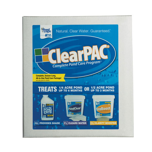 The Pond Logic® ClearPAC® includes everything you need to keep your pond clean and clear all season long. Save time, money and guesswork with this all-in-one pond care package.