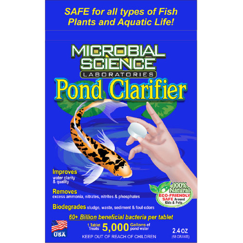 Microbial Science Laboratories Pond Clarifier Tablets 2.4 oz. Package (MSL82)
•Improves Water Clarity and Water Quality 
•Removes Excess Ammonia, Nitrite, Nitrate and Phosphate 
•Biodegrades Sludge, Waste and Sediment 
•Quickly Seeds the Biological Filter in the Spring 
•Over 60 Billion Beneficial Bacteria per Tablet 
•1 Tablet Treats 5,000 Gallons of Pond Water 
•Treat Monthly for Best Results 
•Natural & Organic – Safe for Fish, Plants and Other Aquatic Life.

